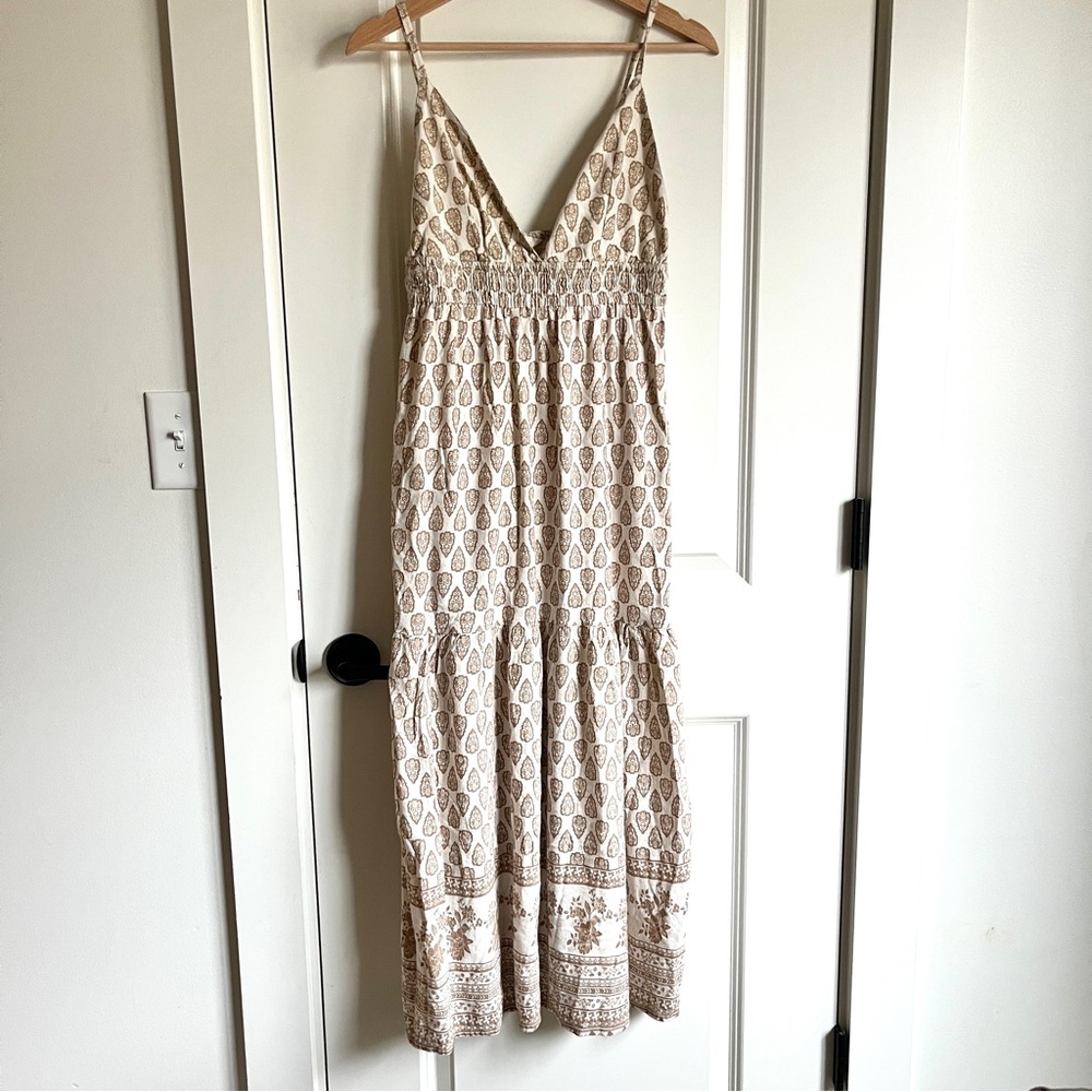 Sim & Sam Boho Babydoll Tiered Sundress Linen Blend Maxi V-Neck Oat